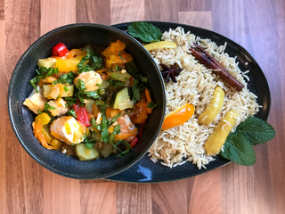 Braised chicken with veggies and Christmas rice