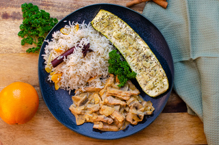 Pork and mushroom stroganoff with Christmas rice