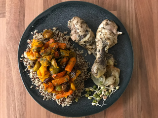 Roasted chicken Provencal with quinoa and winter pesto-vegetables