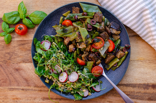 Romano beans with eggplant, olives and capers