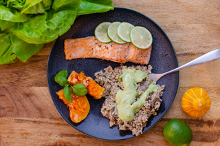 Salmon with mushroom risotto and basil cream